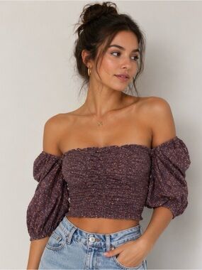 Wilfred Aritzia Floral Smocked Crop Top Puff Sleeve Off Shoulder XS
